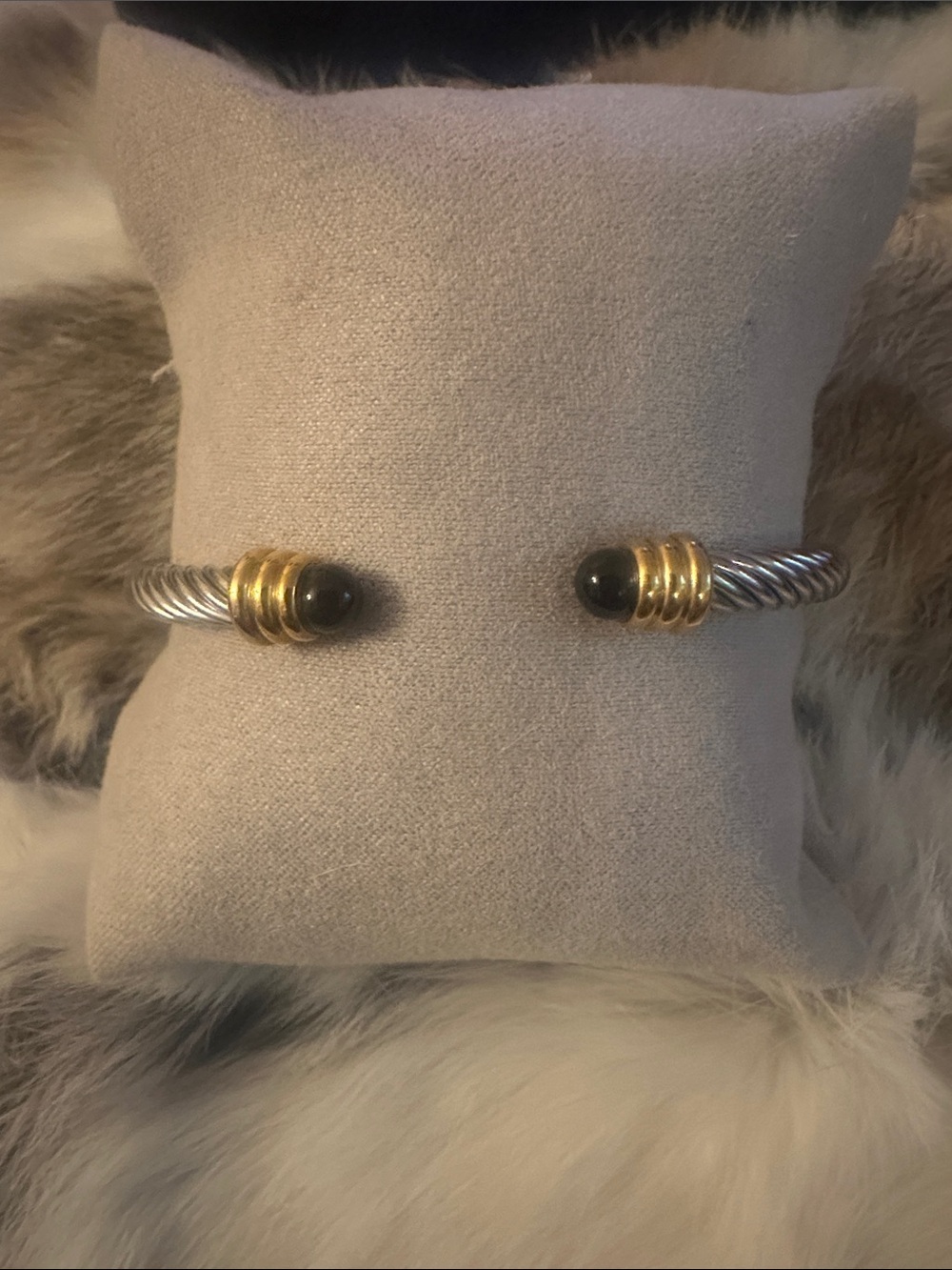 LSJ Open Cable Cuff Bracelet with Black Stone Ends